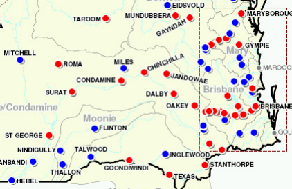 Location map - 2011 Texas Flood (Red dots - flood inundated towns. Blue dots - flood affected towns)